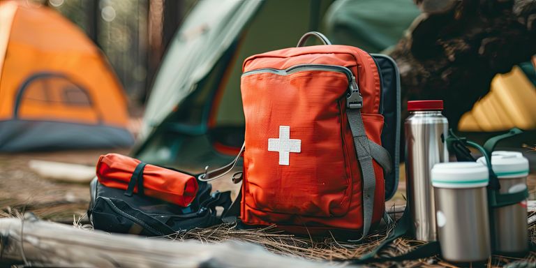 Red first-aid kit with white cross sitting at a camp, next to thermoses and a rolled dry bag, with an orange tent in the soft-focus background.