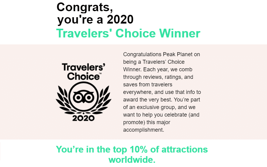 Peak Planet Receives TripAdvisor Travelers' Choice Award
